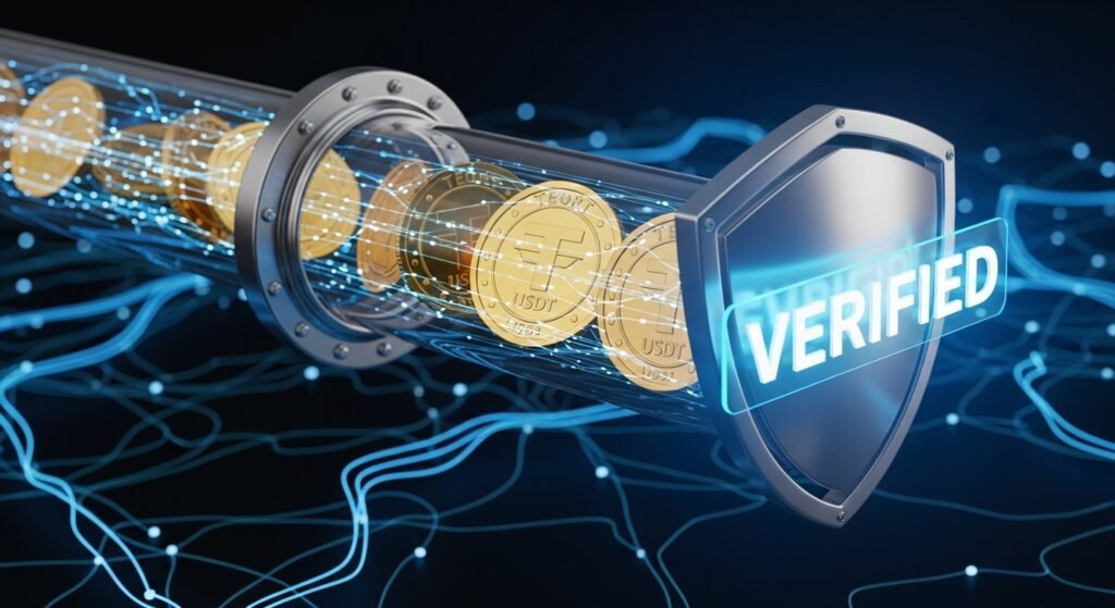 테더 코인이 블록체인 노드를 통해 엑시트벳으로 투명하게 전달되는 과정을 형상화한 그래픽.